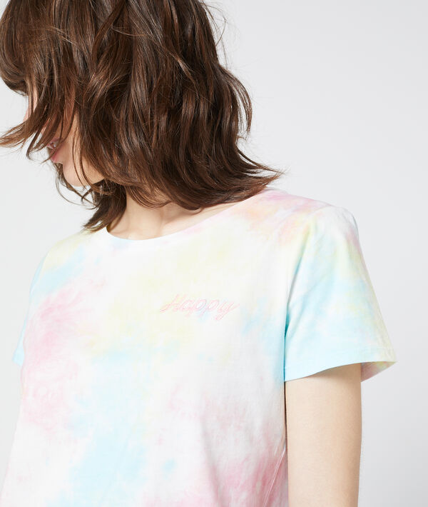 T-shirt brodé "happy" tie and dye rose pale.