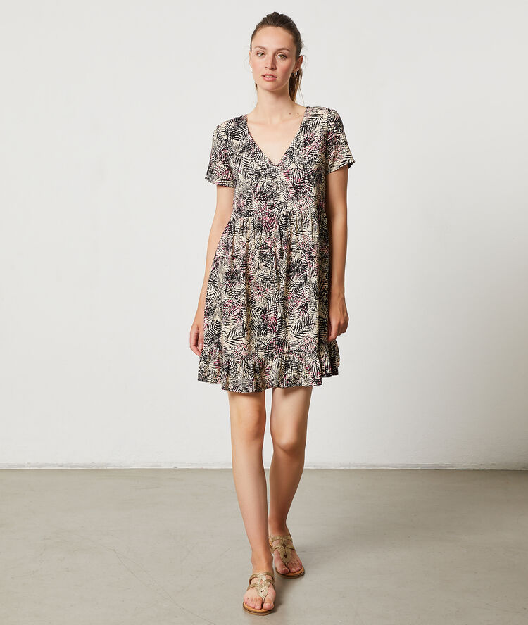Robe fluide imprimé feuillage ecru.