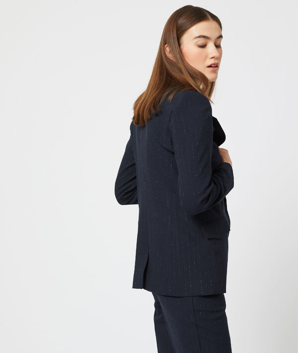 Veste de tailleur à rayures et fils métallisés marine.