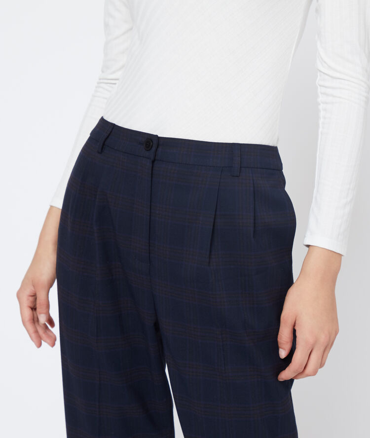 Pantalon droit à carreaux marine.