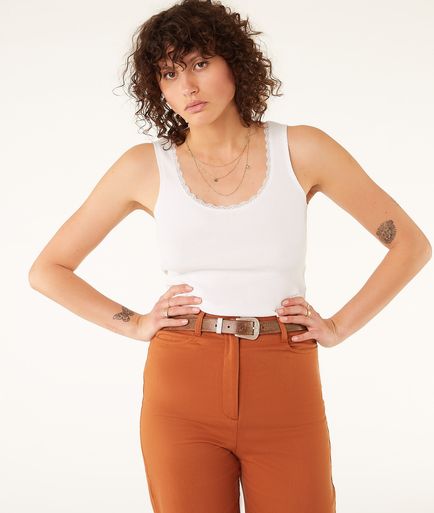 Débardeur en coton bio détails dentelle - Debby - XS - Blanc - Femme - Etam