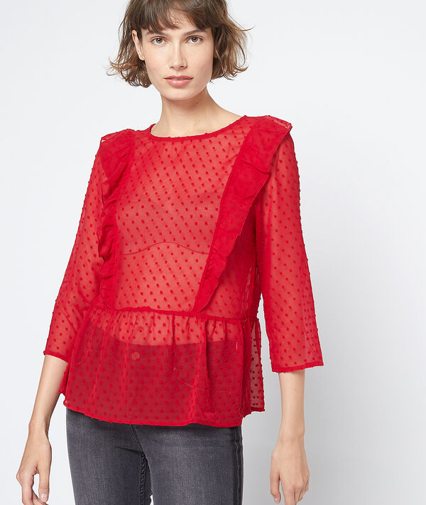 Blouse transparente en plumetis rouge.