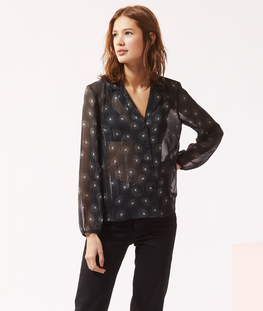 Chemise imprimé manches ballon noir.