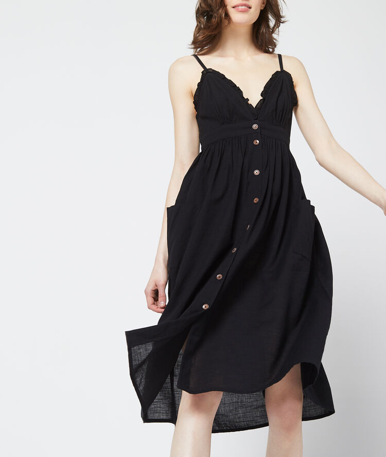 Robe longue à boutons en coton noir.