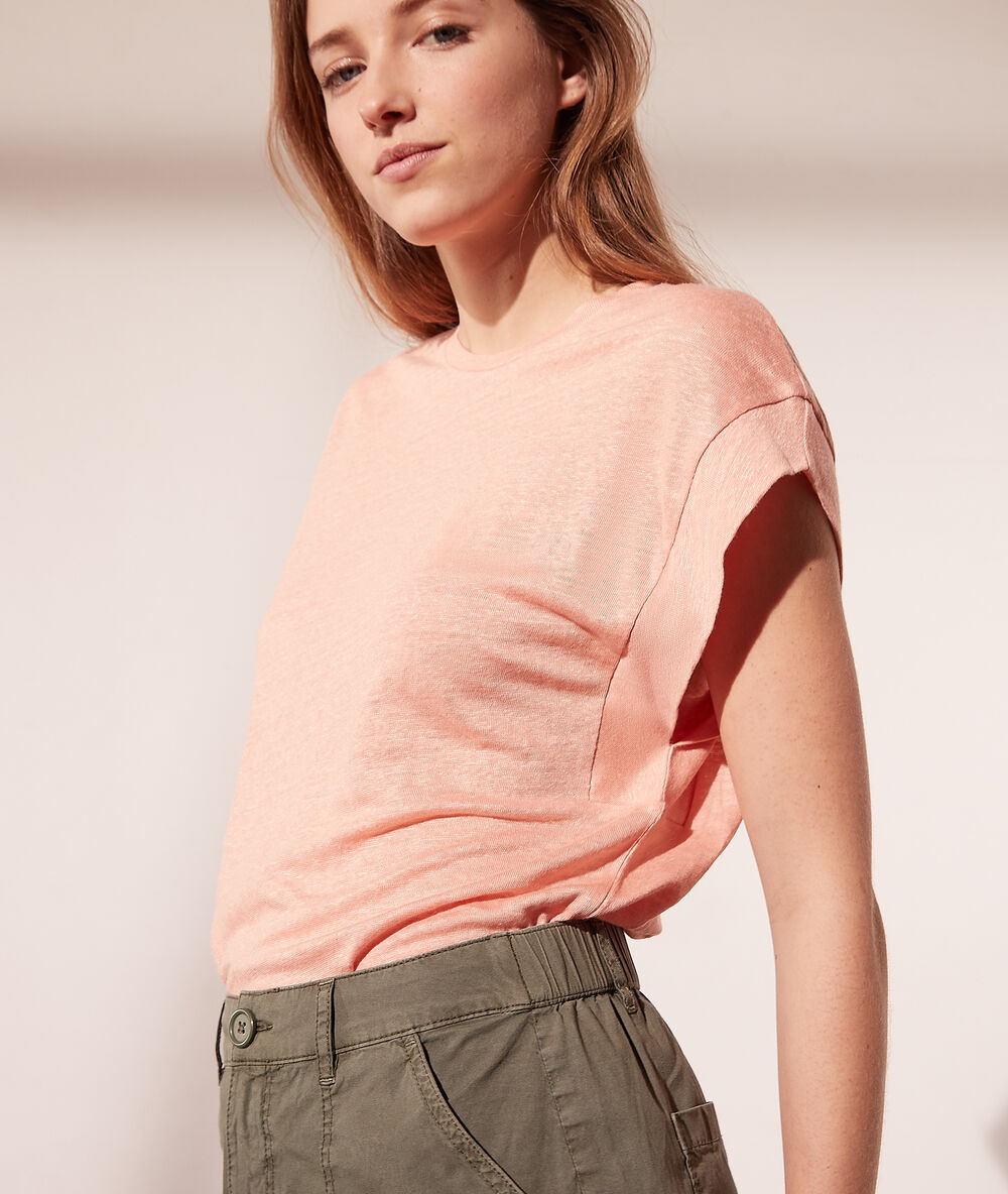 T-shirt col rond en lin peche.