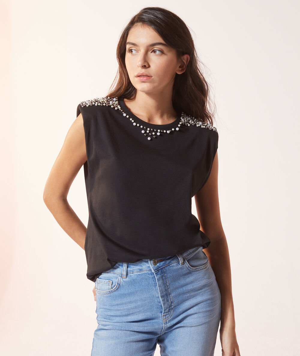 T-shirt à perles avec épaulettes noir.