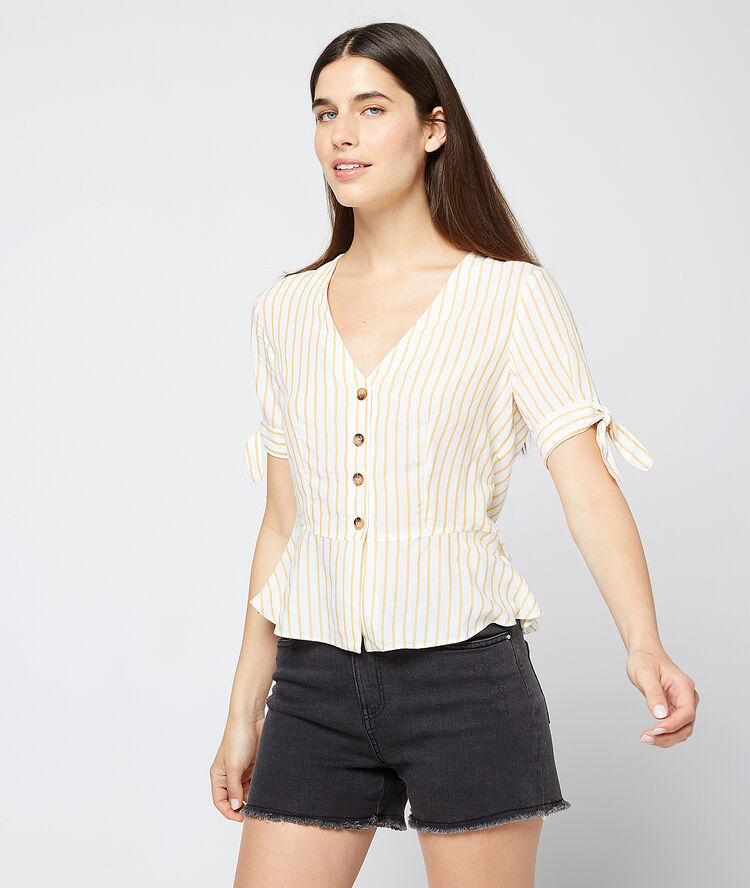 Blouse manches nouées à rayures curry.