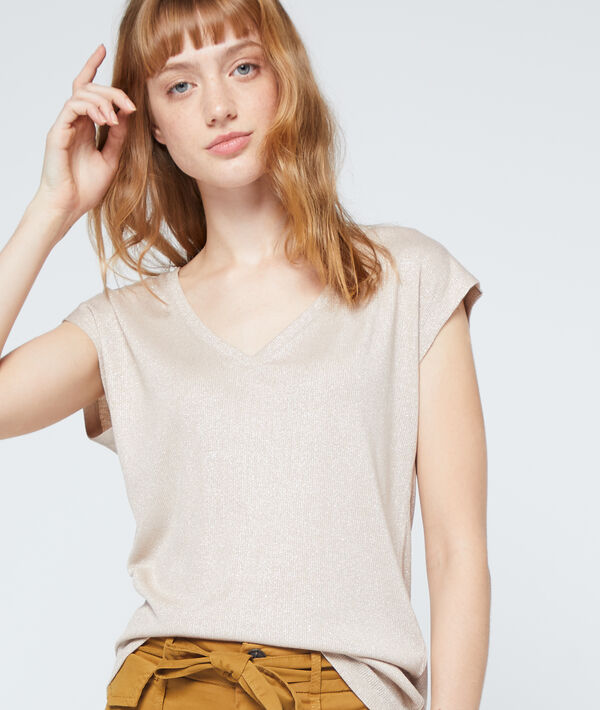T-shirt à fils métallisés camel.