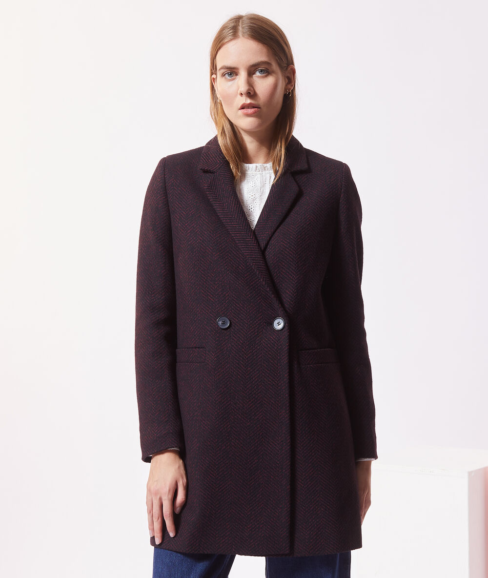 Manteau droit en laine mélangée bordeaux.