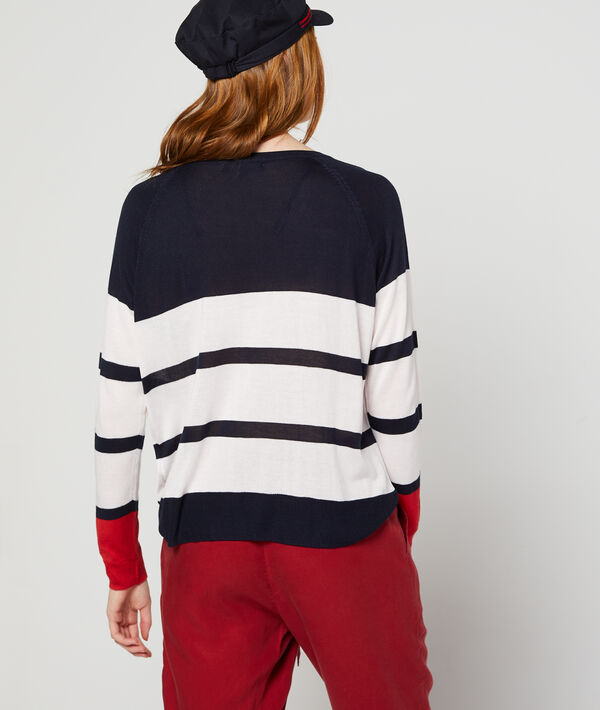 Pull col v rayé marine.