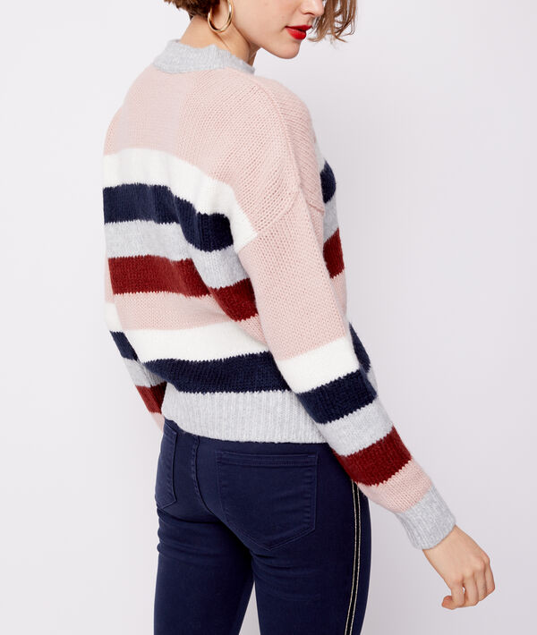 Pull grosse maille rayé gris chiné clair.