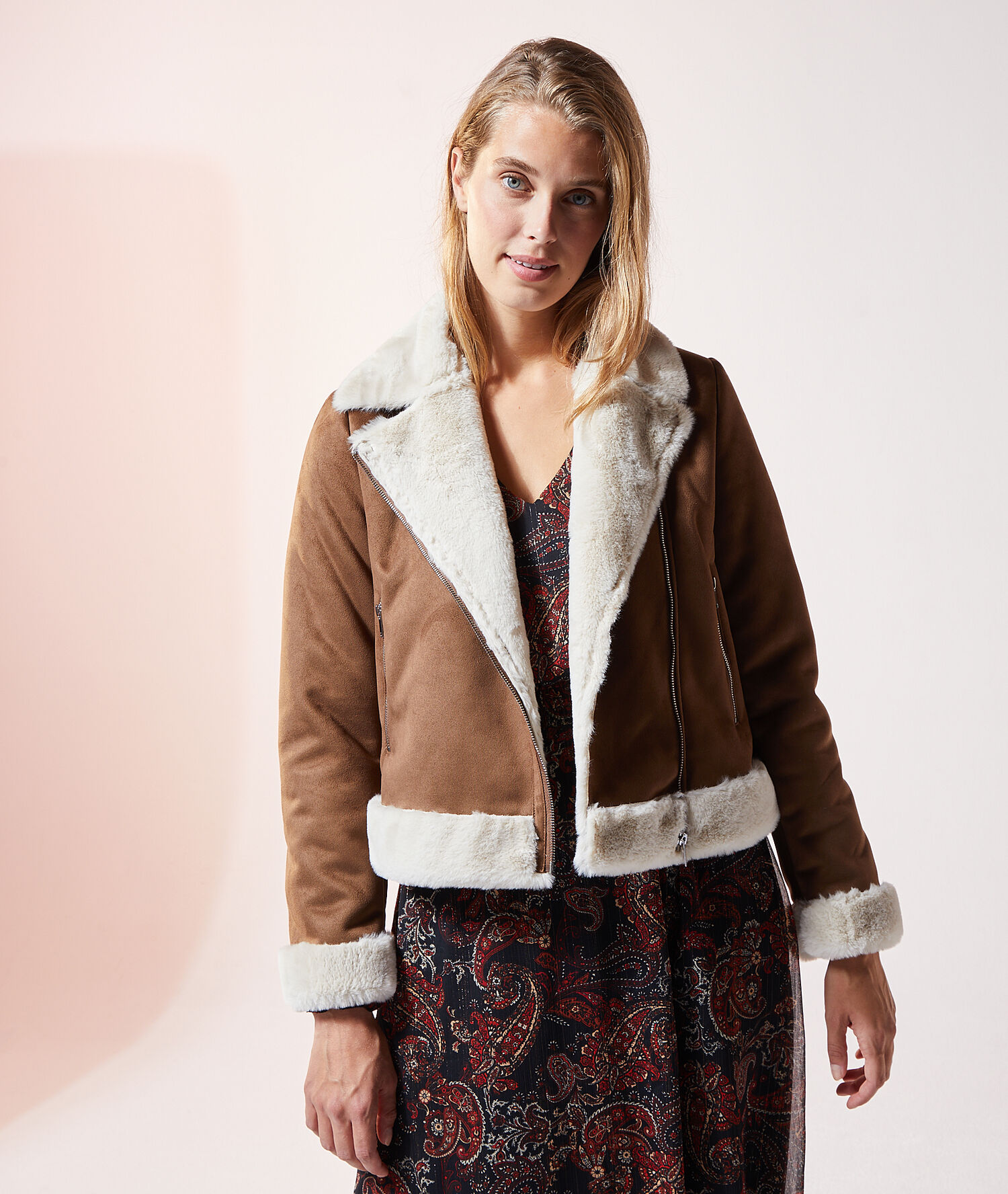 Veste de biker effet daim et fausse fourrure CAMEL CLAIR ETAM