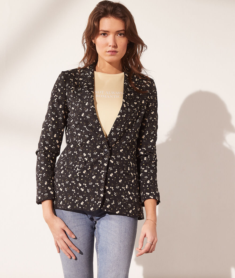 Veste de tailleur imprimé fleuri noir.