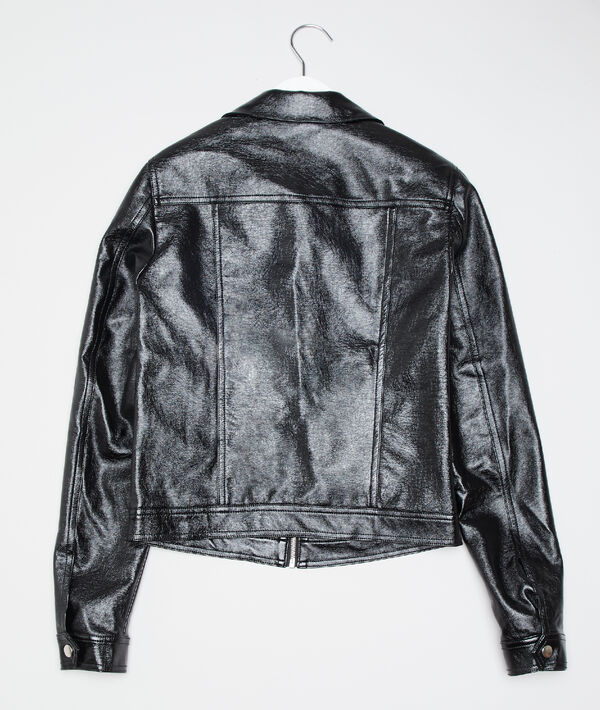 Blouson de biker vernis noir.
