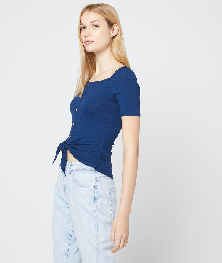 T-shirt côtelé à nouer cobalt.