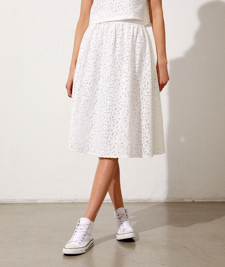 Jupe midi en dentelle fleurie ecru.