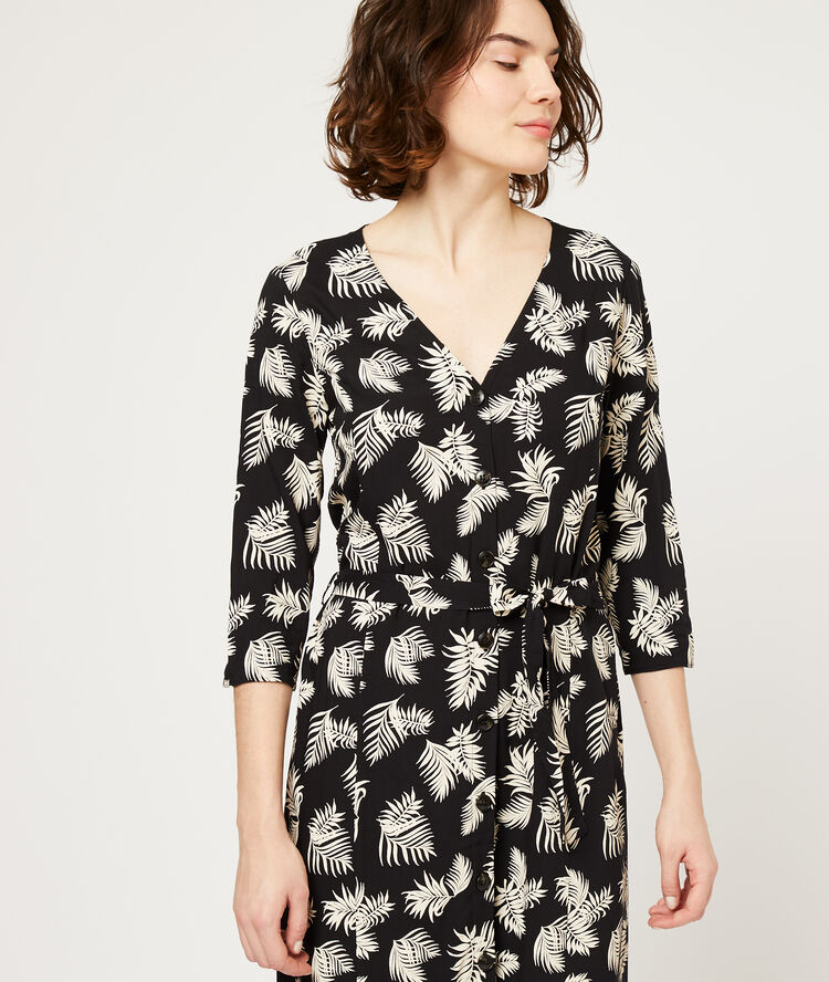 Robe longue imprimé feuillage noir.