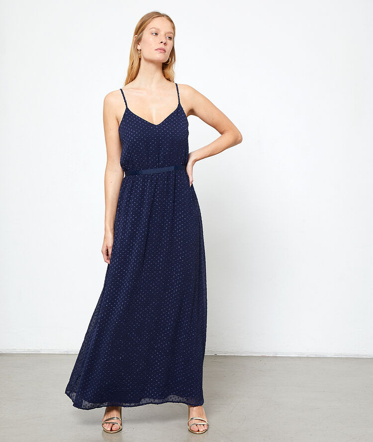 Robe longue en plumetis marine.