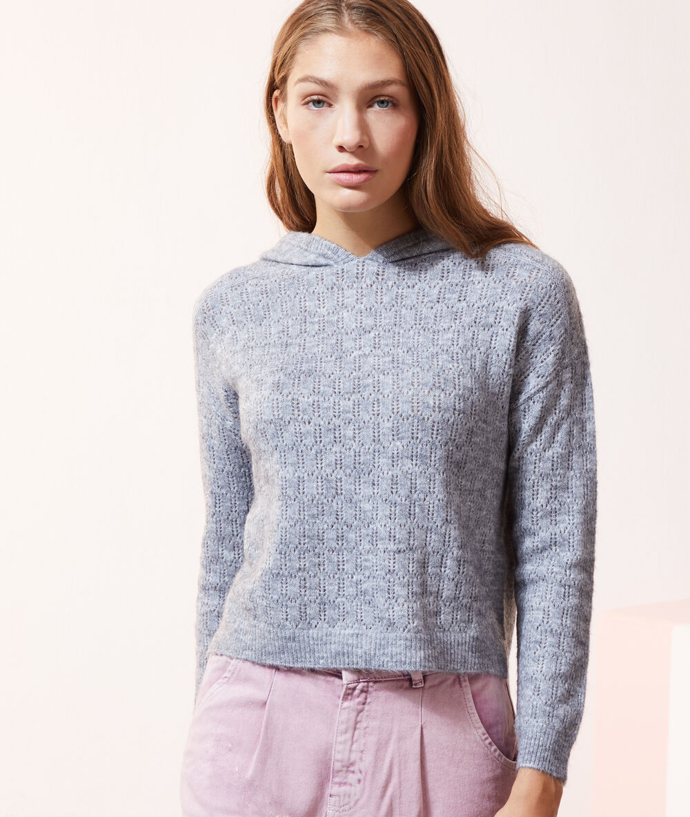 Pull à capuche en maille pointelle gris chine.