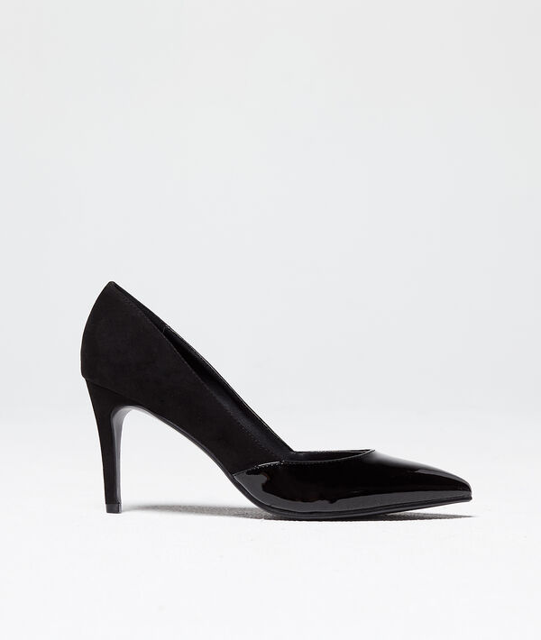 Escarpins vernis bi-mati&egrave;re noir.
