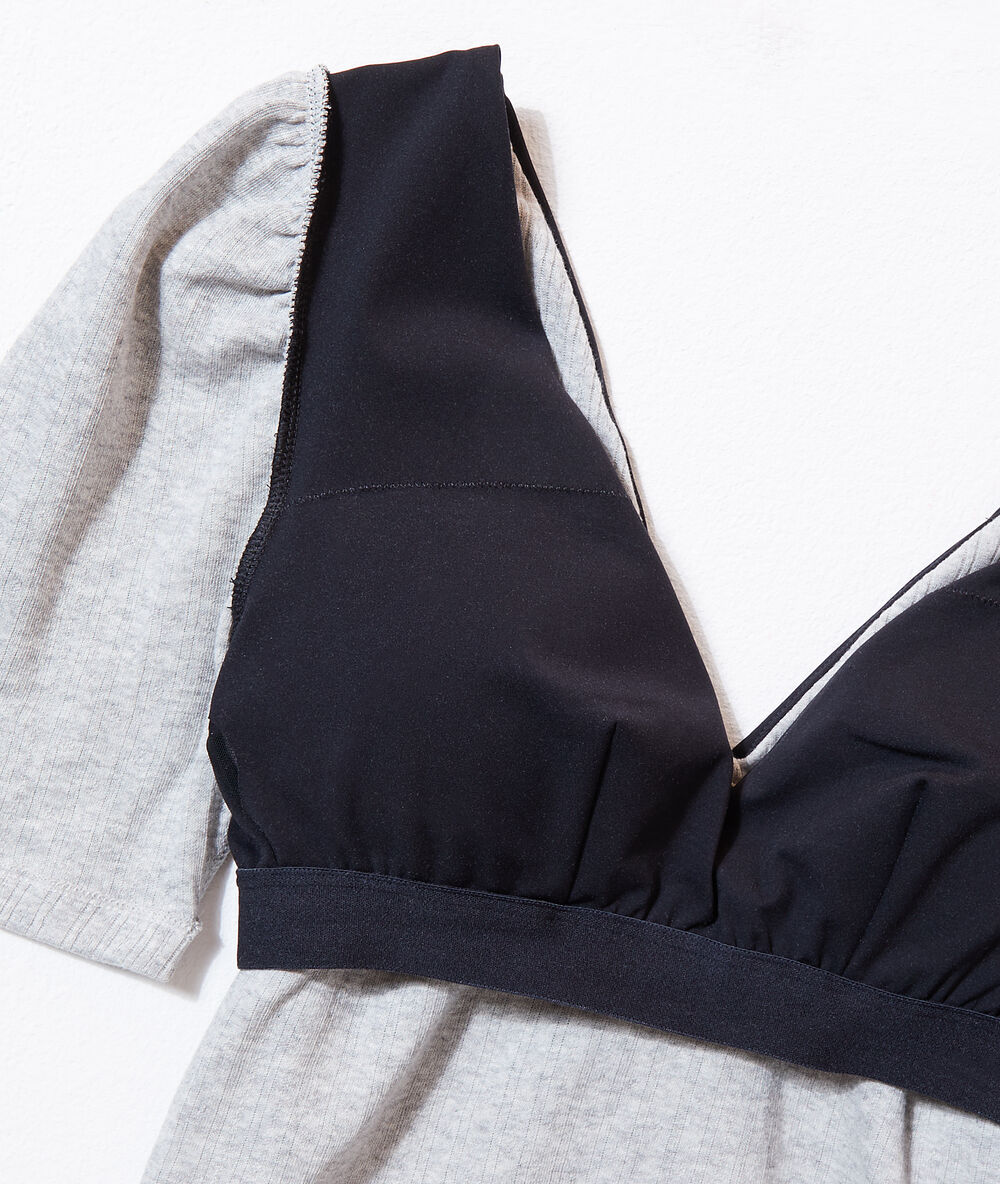 Top col v 2 en 1 - brassière intégrée gris chine.
