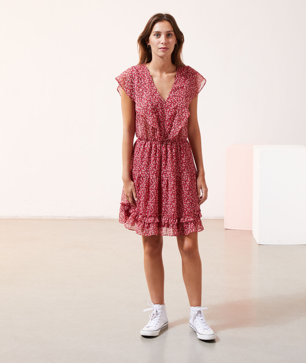 Robe imprimé fleuri à volants framboise.