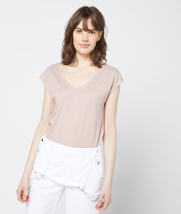 T-shirt métallisé à col v beige rose.