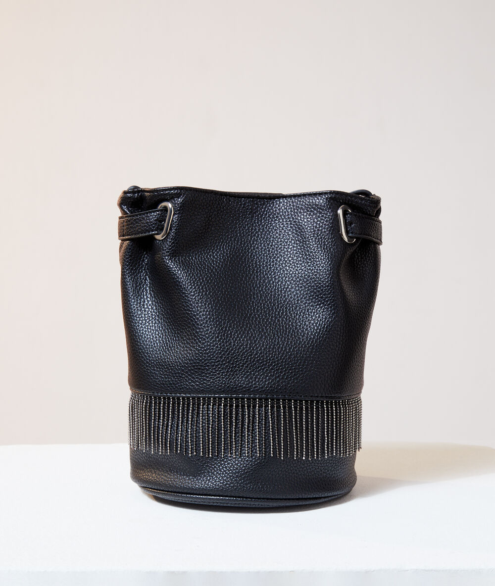 Sac seau à franges effet cuir grainé noir.