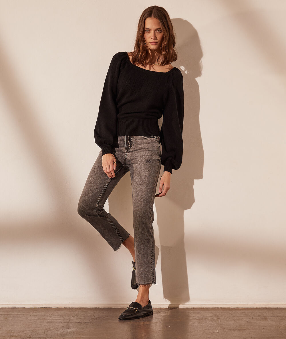 Pull col bateau, maille pointelle noir.