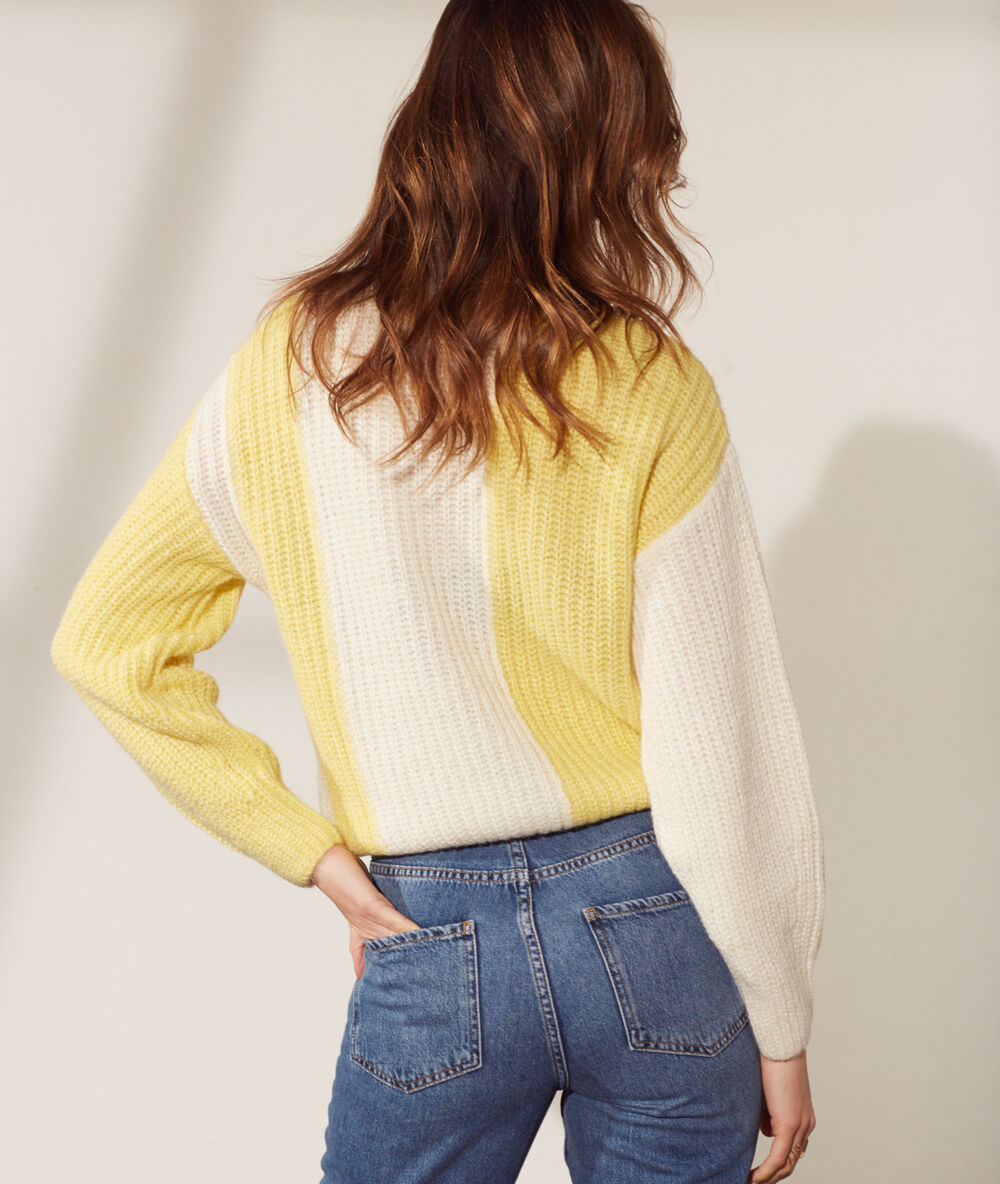 Pull bicolore jaune pale.