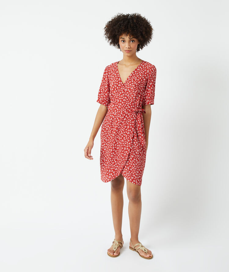 Robe cache-coeur fleurie brique.