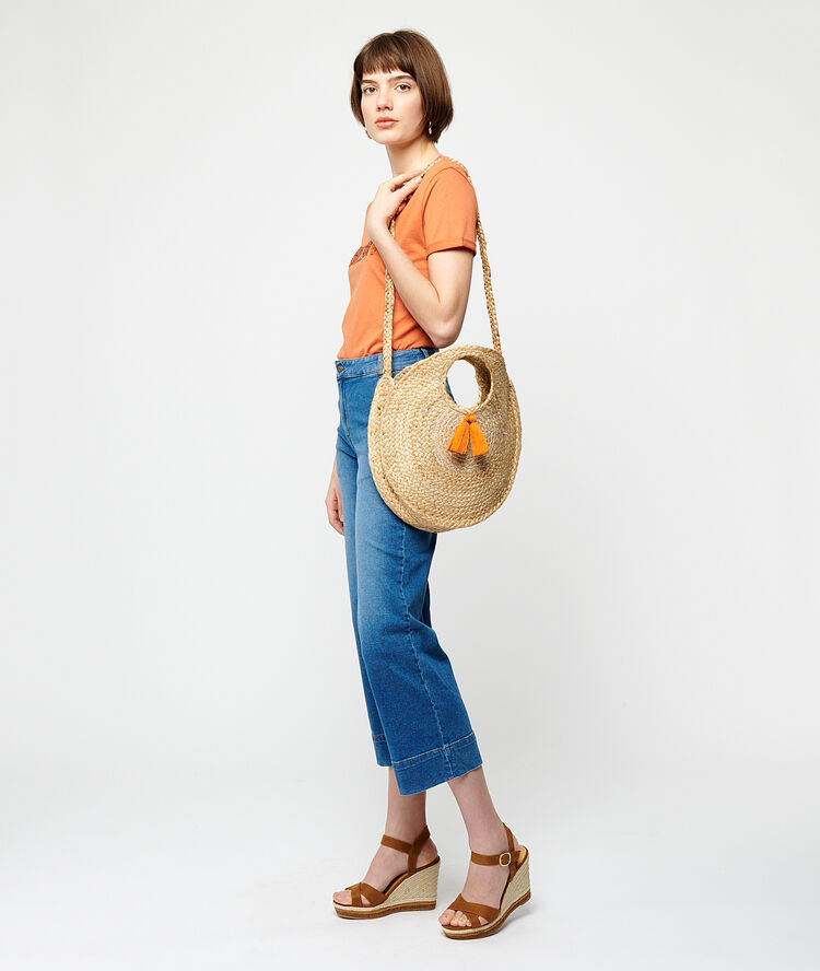 Sac panier en jute beige rose.