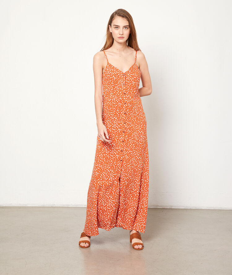 Robe longue fendue tangerine.
