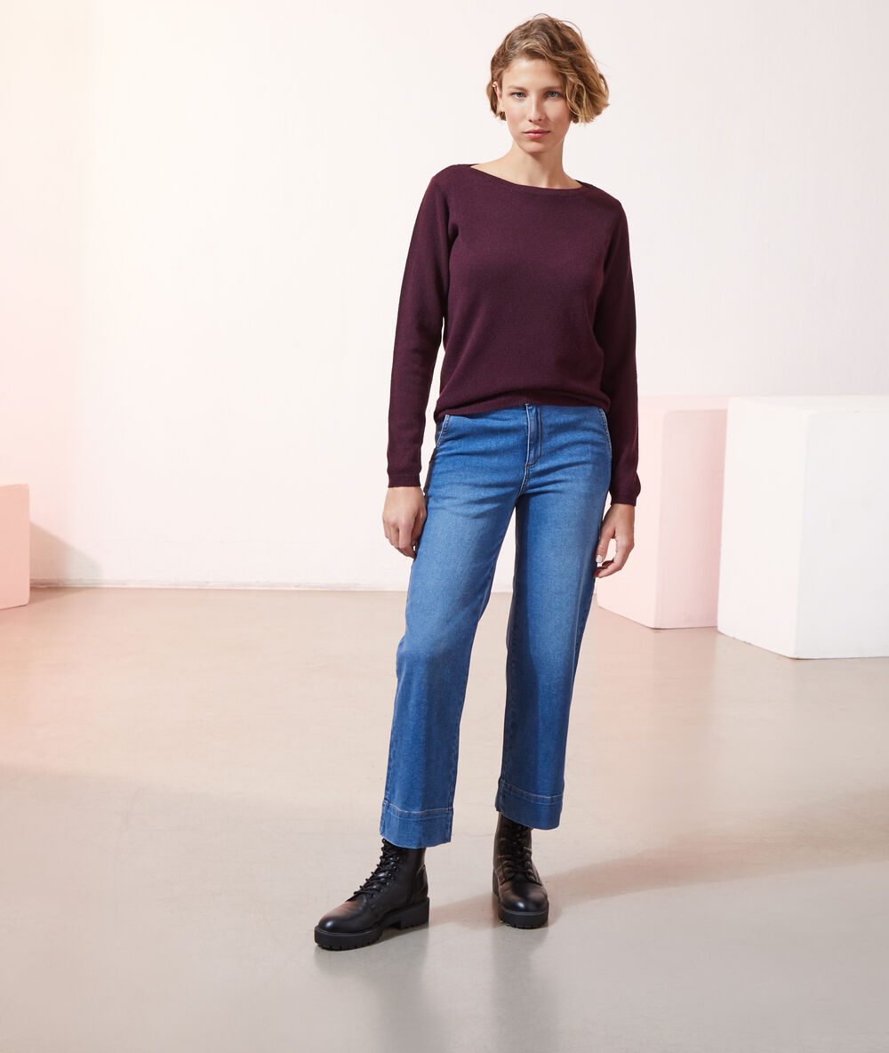 Pull col bateau en cachemire prune.
