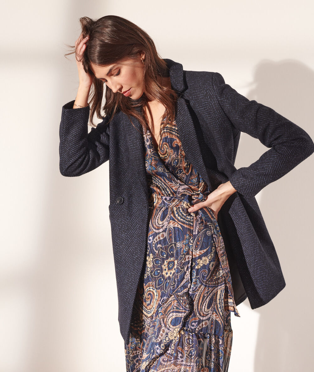 Manteau droit en laine mélangée marine.