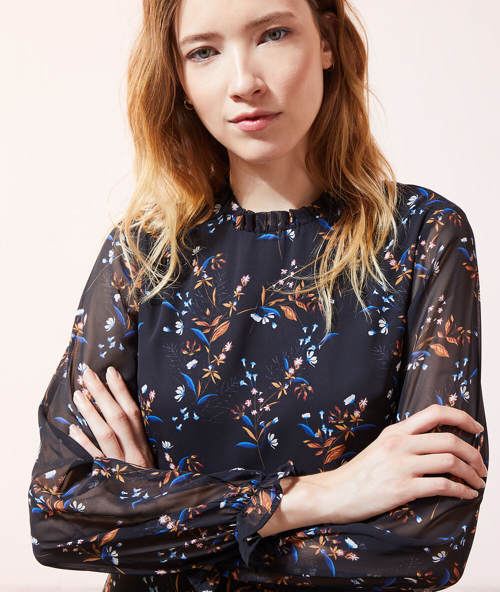 Robe volantée imprimé fleuri noir.