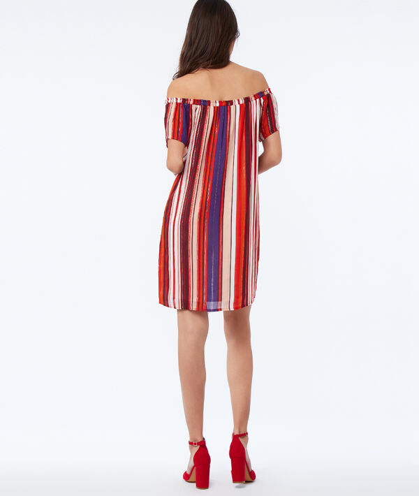 Robe imprimée à épaules dénudées orange.