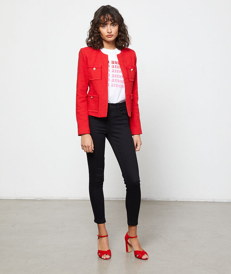 Veste de tailleur effet tweed carmin.
