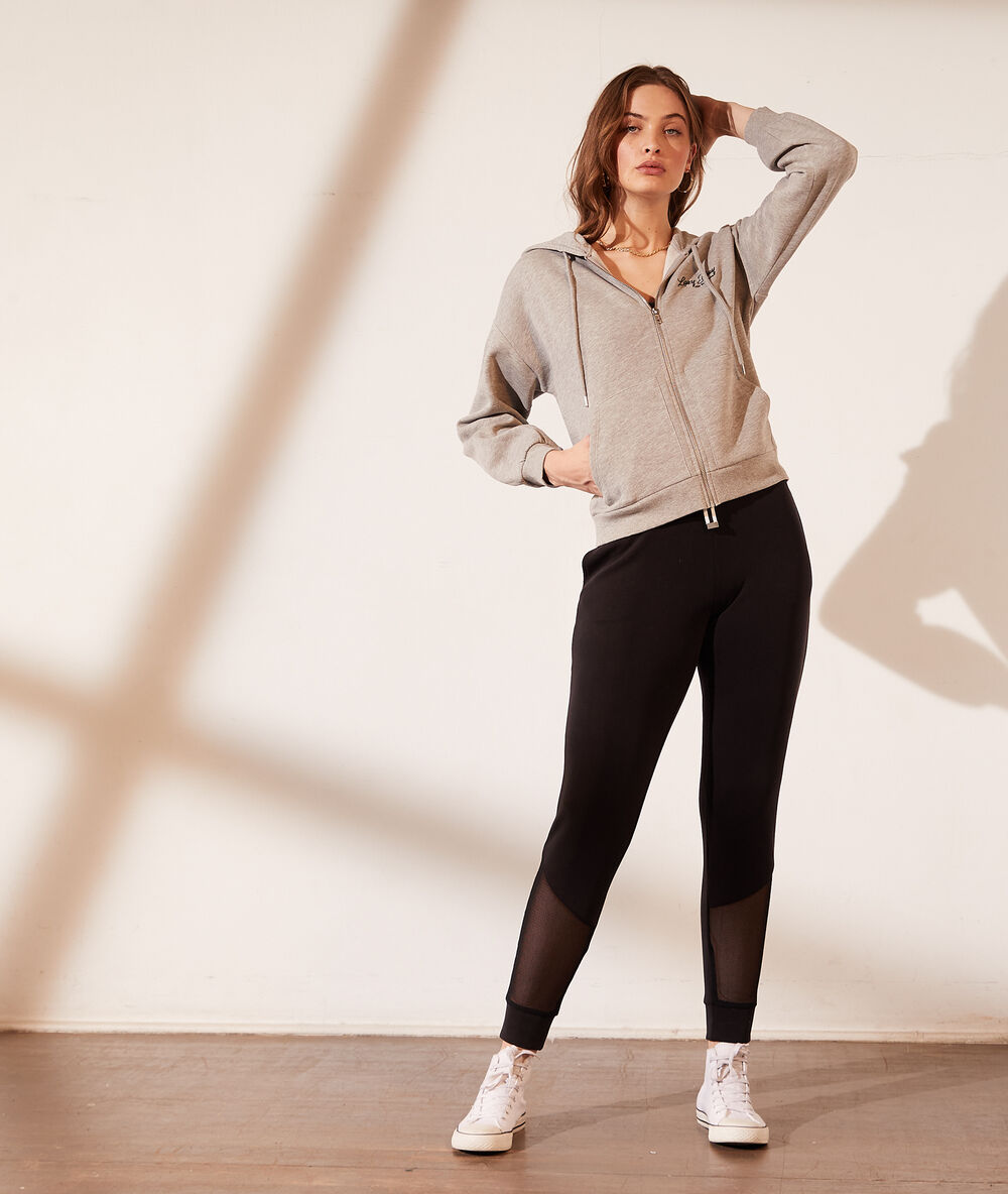 Sweat zippé à capuche "lazy day" gris chine.