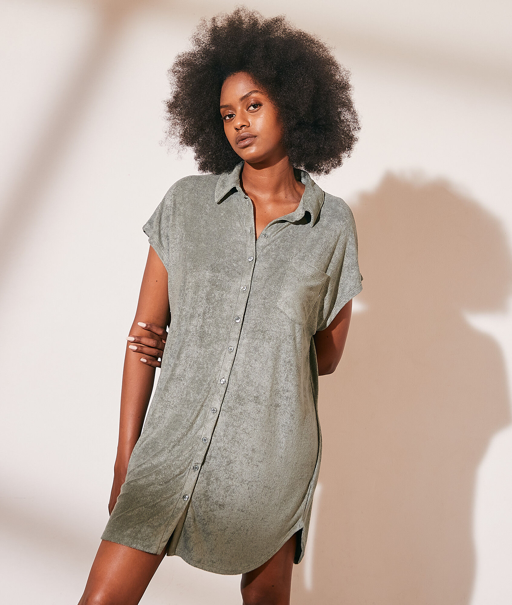 Robe chemise en velours éponge - Eloise - XS - Vert - Femme - Etam