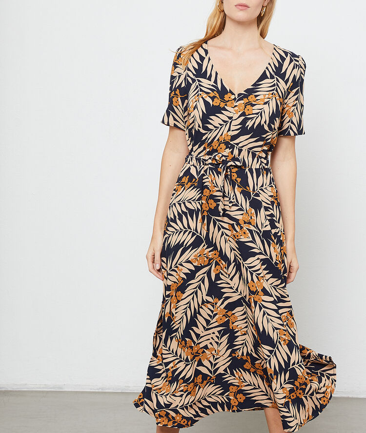 Robe longue imprimé feuillage marine.