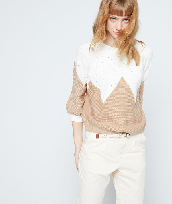 Pull graphique en maille fine camel.