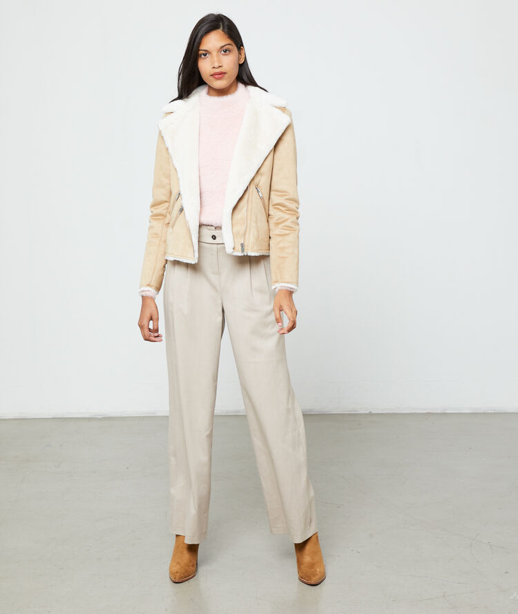 Blouson biker fourré beige rose.