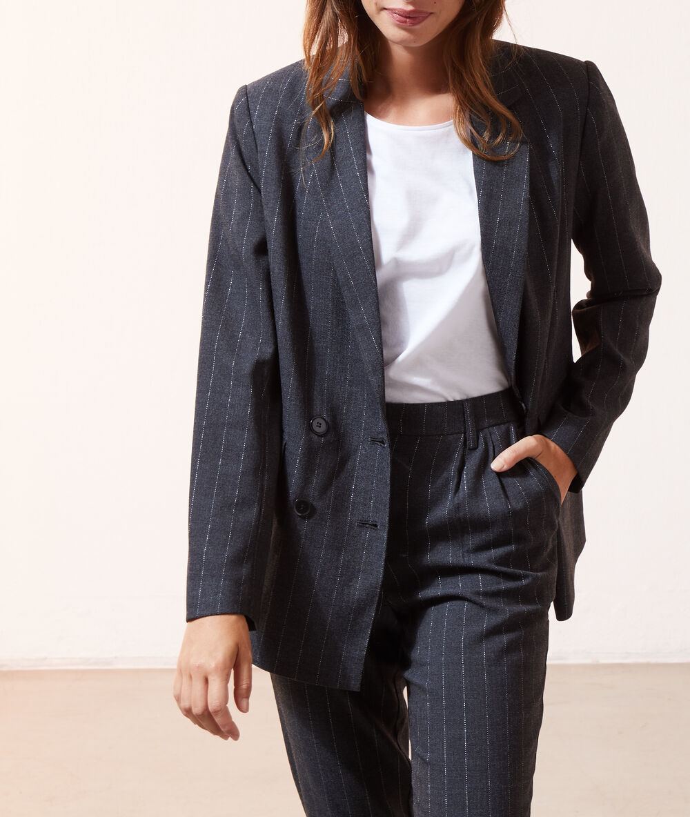 Veste de tailleur à rayures métallisées noir.