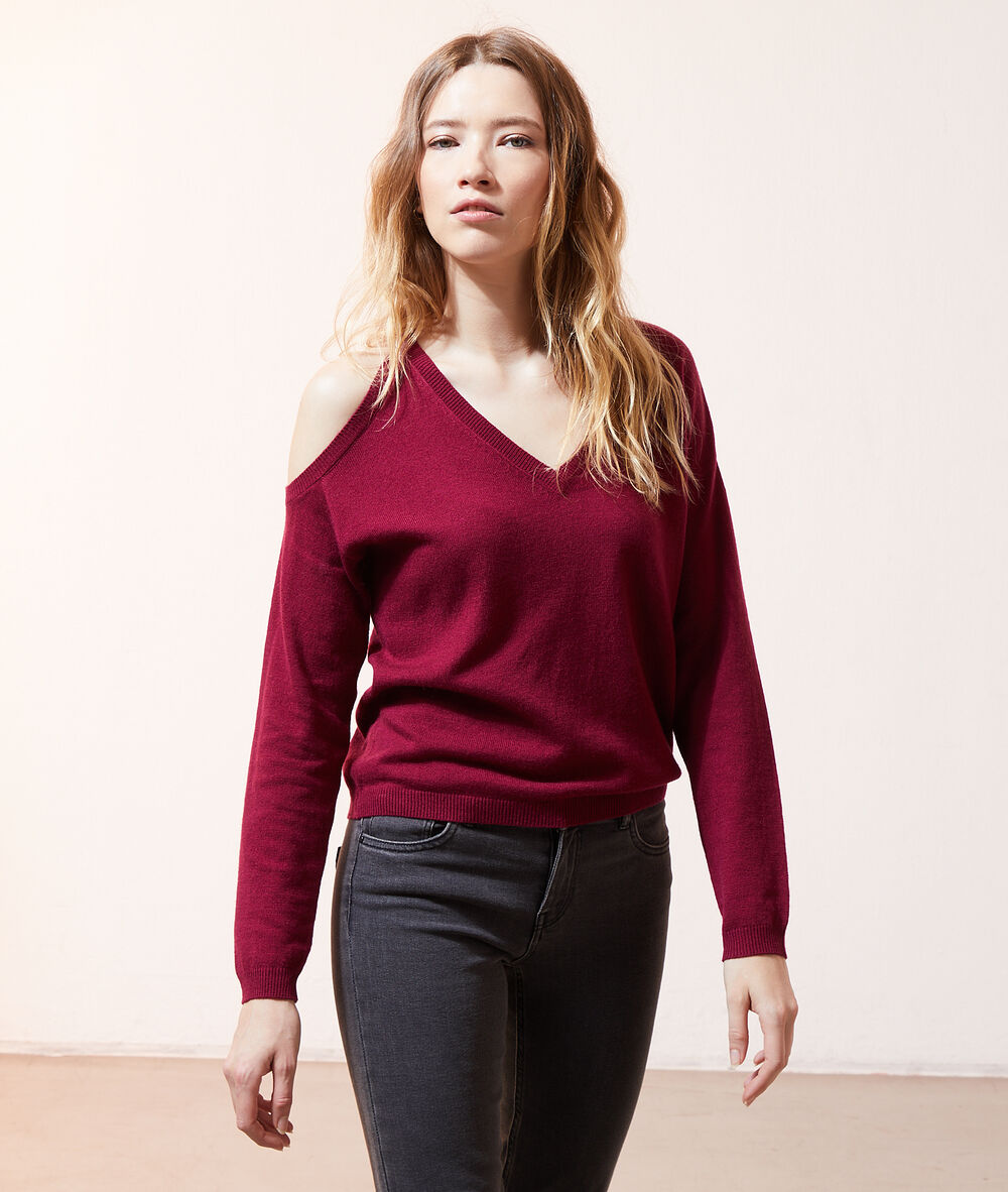 Pull col v asymétrique framboise.