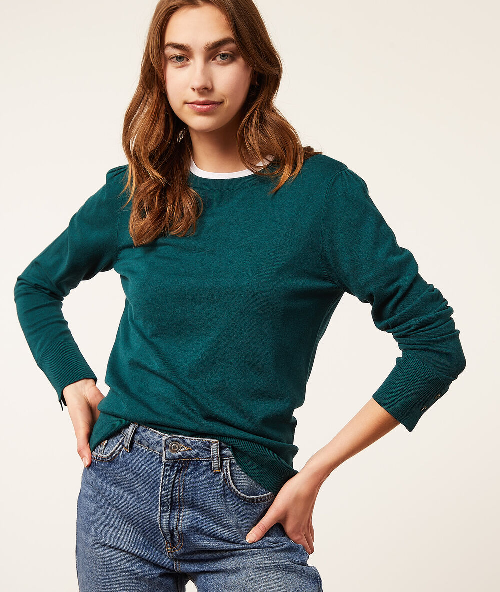 Pull col rond maille fine vert paon.