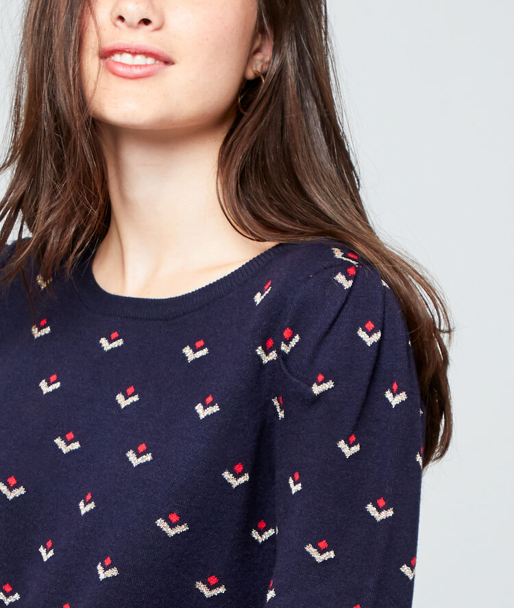 Pull à motifs en maille fine marine.