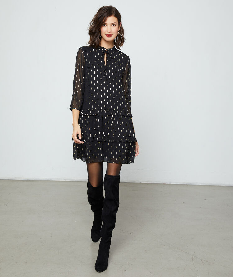 Robe doublée à motifs plumes noir.
