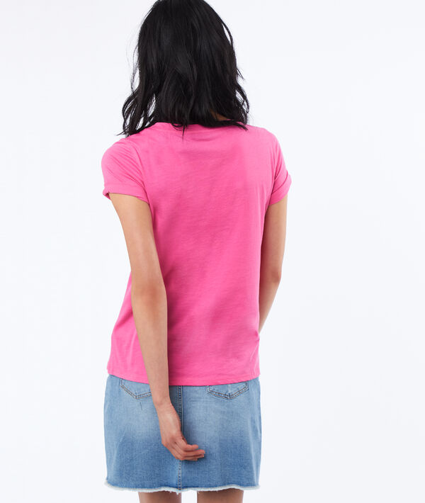 T-shirt col v 100% coton rose.