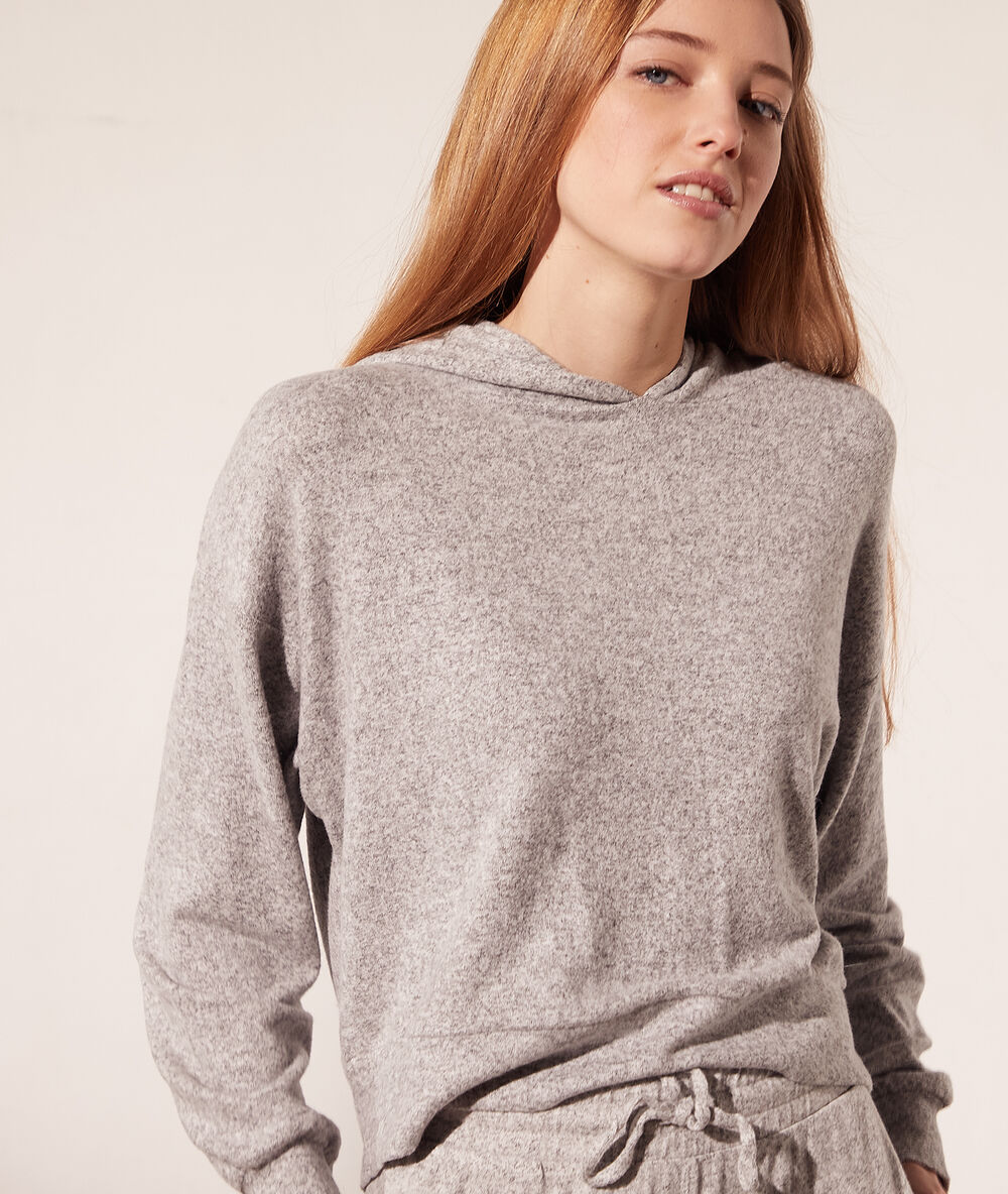 Sweat à capuche en maille gris chine clair.